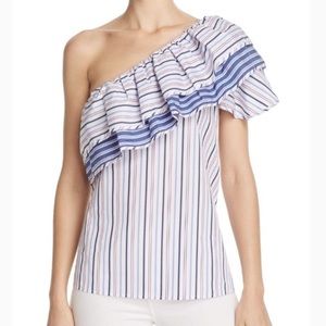 Parker Mary One Shoulder Blue Stripe Ruffle Shirt Blouse